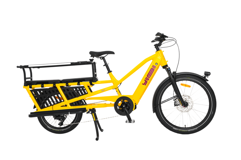 Yuba Spicy Curry Longtail Electric Cargo Bike Hello Yellow Family Edition 